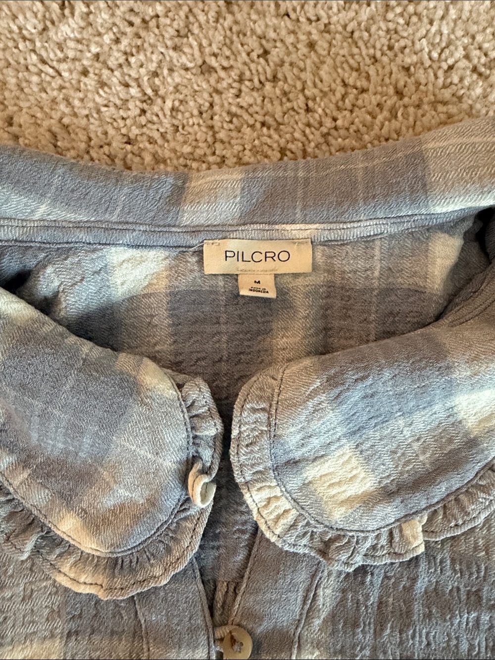 Pilcro Blue and Cream Plaid Button-Up Top with Peter Pan Collar - Picture 2 of 5